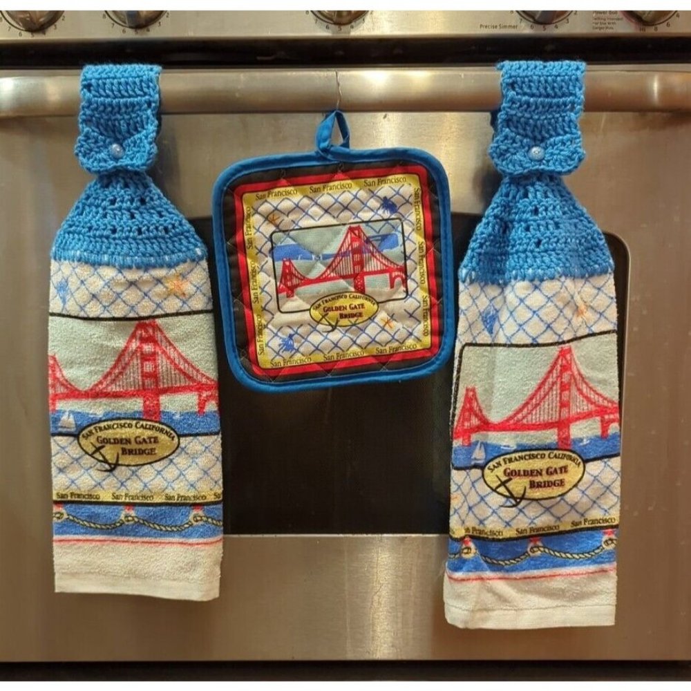 Hand crocheted TOWELs with matching POT HOLDER SET NEW San Francisco bridge‎
